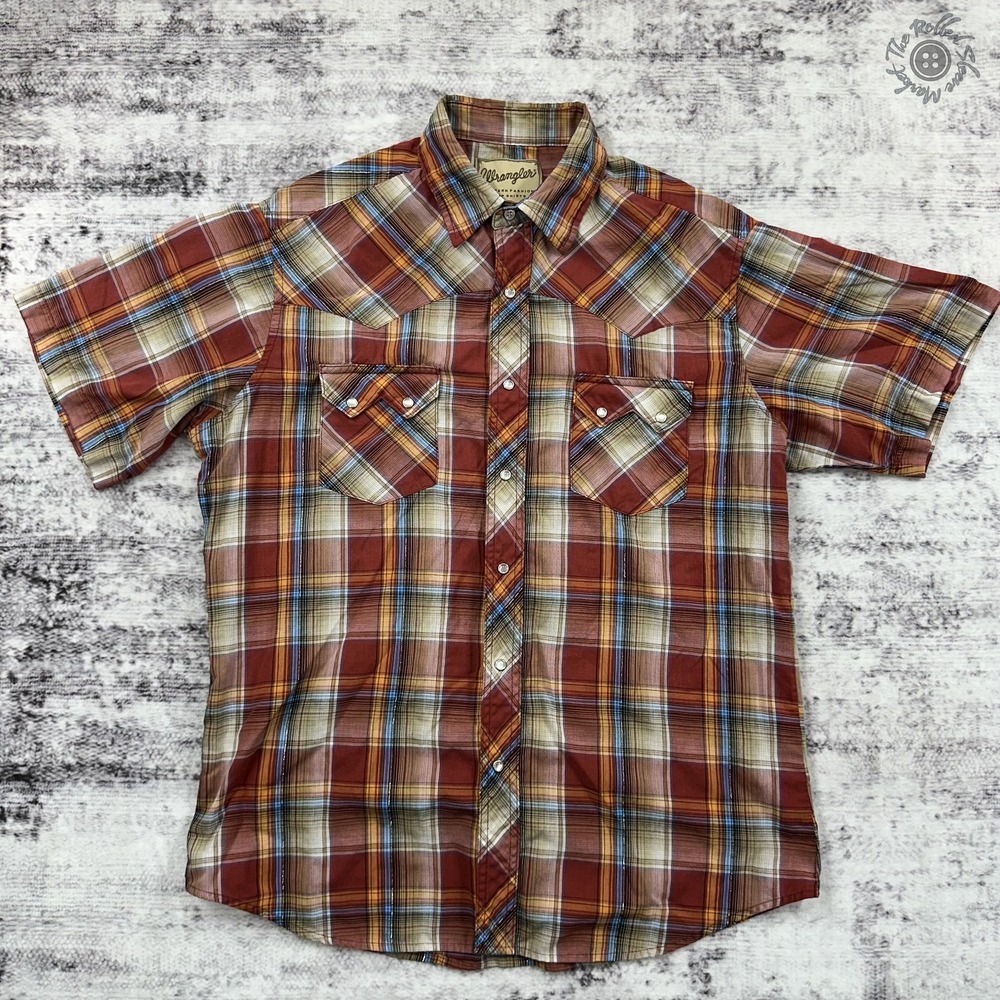 Wrangler‎ Western Snap Shirt Short Sleeve Plaid Metallic Large or XL? Multicolor
